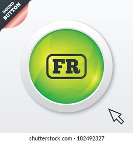 French language sign icon. FR France translation symbol with frame. Green shiny button. Modern UI website button with mouse cursor pointer. Vector
