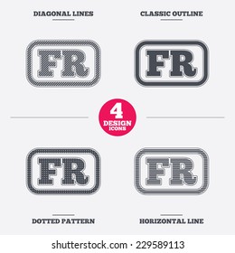 French language sign icon. FR France translation symbol with frame. Diagonal and horizontal lines, classic outline, dotted texture. Pattern design icons.  Vector