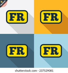 French language sign icon. FR France translation symbol with frame. Four squares. Colored Flat design buttons. Vector
