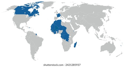 French language speaking countries on political map of the world