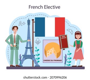 French learning concept. Language school french course. Study foreign languages with native speaker. Idea of global communication. Vector illustration in cartoon style