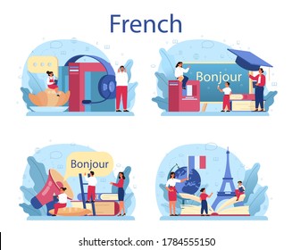 French learning concept set. Language school french course. Study foreign languages with native speaker. Idea of global communication. Vector illustration in cartoon style