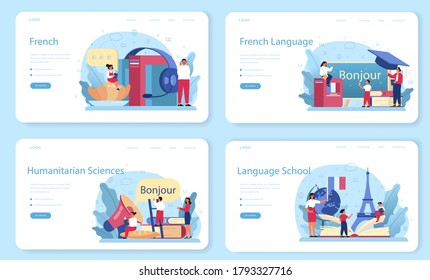 Banner web de aprendizaje francés o página de inicio. Curso francés de la escuela de idiomas. Estudiar idiomas extranjeros con hablante nativo. Idea de comunicación global. Ilustración vectorial en estilo de caricatura