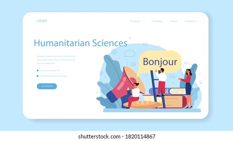 Banner web o página de inicio del aprendizaje francés. Curso francés de la escuela de idiomas. Estudiar idiomas extranjeros con hablante nativo. Idea de comunicación global. Ilustración vectorial en estilo de caricatura