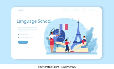 French learning web banner or landing page. Language school french course. Study foreign languages with native speaker. Idea of global communication. Vector illustration in cartoon style