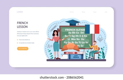 French learning web banner or landing page. Language school french course. Study foreign languages with native speaker. Idea of global communication. Vector illustration in cartoon style