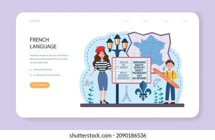 Banner web o página de inicio del aprendizaje francés. Curso francés de la escuela de idiomas. Estudiar idiomas extranjeros con hablante nativo. Idea de comunicación global. Ilustración vectorial en estilo de caricatura