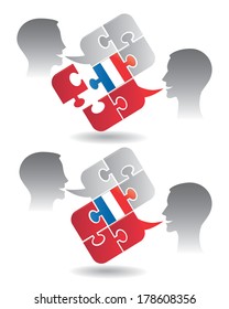 French lessons dialog Two students and Puzzle bubble talk with a French flag symbolizing French dialog.Vector illustration. 
