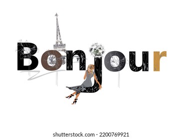 French lettering of hello decorated with flowers and the Eiffel tower and women. Hand drawn vector illustration.