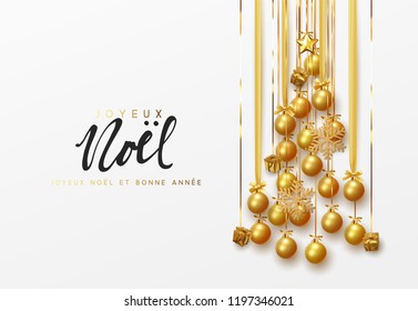 French lettering Joyeux Noel. Christmas greeting cards, banner, poster, bright invitations. Design hanging pine tree in golden ribbons holiday decorations balls and gifts the gold shining snowflake.