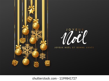 French lettering Joyeux Noel. Christmas greeting cards, banner, poster, bright invitations. Design hanging pine tree in golden ribbons holiday decorations balls and gifts the gold shining snowflake.