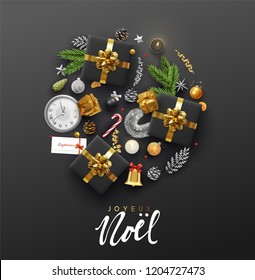 French lettering Joyeux Noel. Christmas greeting card with holiday objects. Background with gift box and balls design. Postcard with clocks, candles and fir branches. Xmas decoration elements.