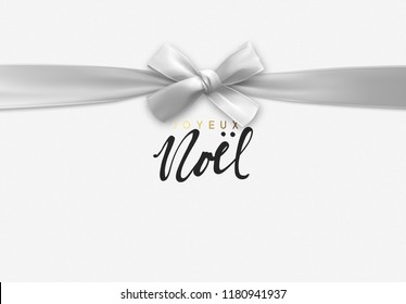 French lettering Joyeux Noel. Merry Christmas Holiday background. Handwritten text, realistic textured pattern, pull ribbon white bow. Vector illustration