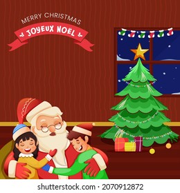 French Lettering Of Merry Christmas With Cute Santa Claus Hugging Kids And Decorative Xmas Tree On Red Stripe Pattern Background.
