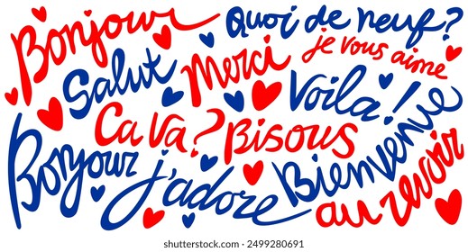 French lettering with various phrases. Blue and red color isolated on white background. French words, that means: hi, thanks, how are you, i love you, kiss you, you are welcome, bye in french.