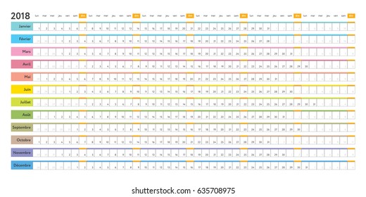 French linear 2018 calendar - day schedule, creative vector editable template, horizontal grid with selected holidays - sundays