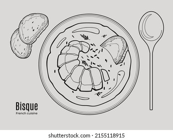 French lobster Bisque soup with toasts served on a bowl with baguette and a spoon. Outlane doodle illustration for cafe and restaurant menu. Top view.