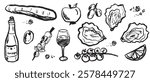French lunch time. Champagne bottle, snacks, wine, oyster design in brush stroke texture isolated on white background. Hand drawn vector sketch illustration in vintage charcoal ink. Menu design