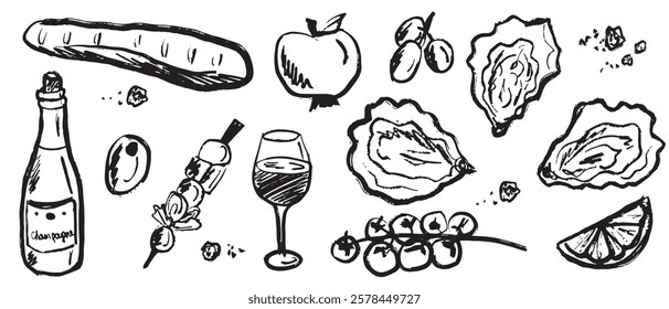 French lunch time. Champagne bottle, snacks, wine, oyster design in brush stroke texture isolated on white background. Hand drawn vector sketch illustration in vintage charcoal ink. Menu design