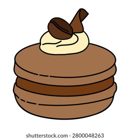 A French macaron topped with whipped cream and a coffee bean. Food illustration.