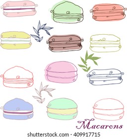 French macarons. Colorful macarons with different flavors and cream. Vector illustration.