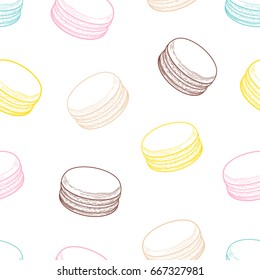 Las galletas macarons francesas son un patrón sin fisuras. Dibujo vectorial dibujado a mano con dibujos de Doodle