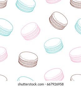 French macarons cookies seamless pattern. Doodle decorative hand drawn vector illustration