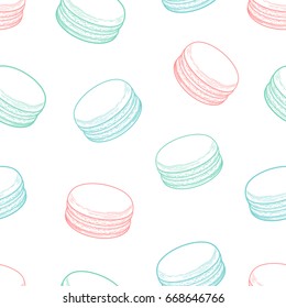 French macarons cookies seamless pattern. Doodle decorative hand drawn vector illustration