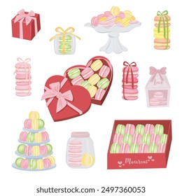 french macarons with elegant boxes with bows illustration set