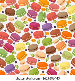 French macarons in seamless pattern, vector illustration. Endless colorful macaroons, pastry shop assortment, selection of delicious cookies. Traditional european sweet dessert. Wrapping paper design