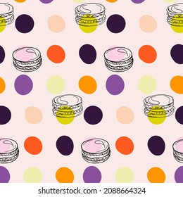French macarons simple vector pattern on the colorful spotted background. French sweets. Elegant tasty dessert. Orange, purple, yellow, pink dots back. Lined elements. Hand drawing style. Wallpaper.