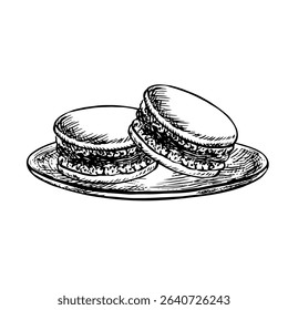 Biscoitos de macaroon franceses em um pires. Gráficos vetoriais, ilustração desenhada à mão em preto e branco. Realce-o em um fundo branco. Produtos de confeitaria à base de amêndoas. Um elemento do seu design.