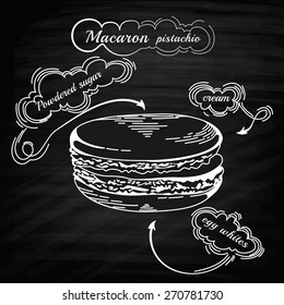 French macaroon cookies isolated on white. Vector vintage food icon. Macaron an Engraving style. Macaron on chalkboard. Design element for decorated cafe