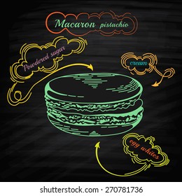 French macaroon cookies isolated on white. Vector food icon. Macaron an Engraving style. Cupcake on chalkboard. Design element for decorated cafe
