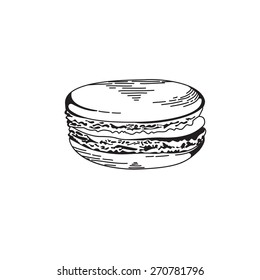 French macaroon cookies isolated on white. Vector food icon. Pastry an Engraving style. Cupcake in doodle style. Design element for decorated cafe. Eps 8