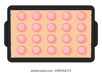 French macaroon. Cooking homemade sweet dessert on parchment. Pink macarons on baking sheet. Delicious cartoon macarons illustration on white background