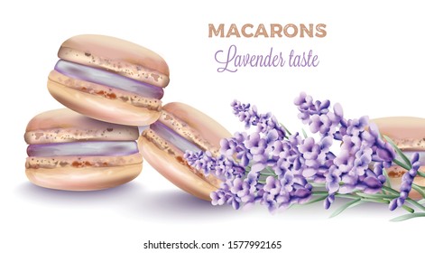 French macaroon sweets with lavender taste and color. Flower decorations. Watercolor vector