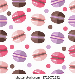 French macaroons cookies in delicate pastel shades: pink, lilac, purple. Seamless pattern for fabric design, packaging, banners, printing, and websites. Vector hand drawing.
