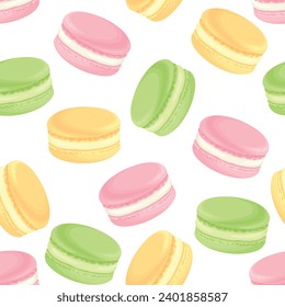 French macaroons seamless pattern. Dessert background. Vector cartoon illustration of pink, green and yellow macarons.