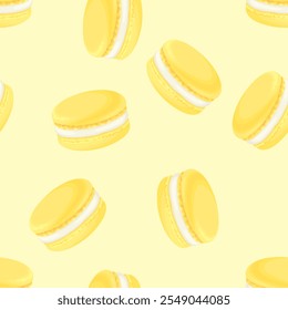 Patrón sin fisuras de macarrones franceses. Fondo del postre. Ilustración de dibujos animados de Vector de macarrones de limón amarillo.