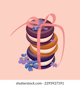 French macaroons tied with a festive ribbon. cafe and pastry shop design, poster