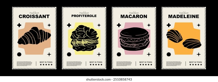 Madeleine francesa, cruasán, macarrón, profiteroles. Diseño de etiqueta o cartel de Precio. Conjunto de Ilustraciones vectoriales. Tipografía. Estilo de grabado. Etiquetas, cubierta, impresión de camiseta, pintura.