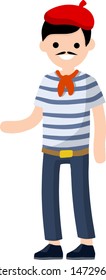 French man in blue striped clothes and red beret waving his hand. Typical resident of Europe. Cartoon flat illustration. Guy stand.