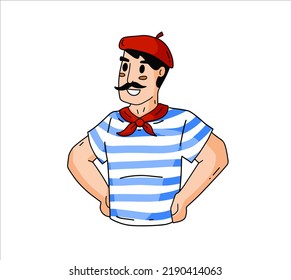 French Man With Mustache, Striped Shirt And Beret. Funny Drawing Of Frenchman. Typical European Character. Cartoon Illustration Isolated On White