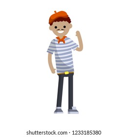 French man in striped clothes and a red beret. A typical African European character waving.
