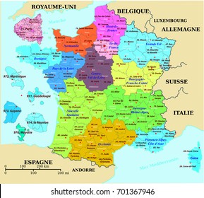 French map of France, colorized, with departments and prefectures