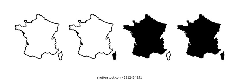 French map line and solid black icon representing France geography, national identity, travel, tourism, Bastille Day celebrations, education, navigation, and location concepts.