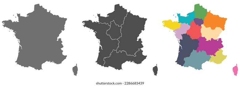 French map set with grey and white outline, administrative multicolor map. 