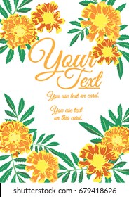 French Marigold card design. Yellow text on flower background is vector.