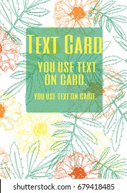 French Marigold line card design. Yellow text in green box on color flower line background is vector.